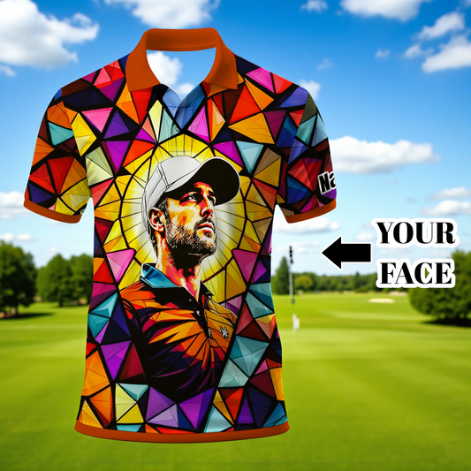 HomyGifts Men's Customized Face Artistic Golf Polo Shirt, Angular Geometric Glass Pattern, Stained-Glass Mosaic Print, Personalized Sublimation Golf Shirt, Vibrant Geometric Portrait Tee