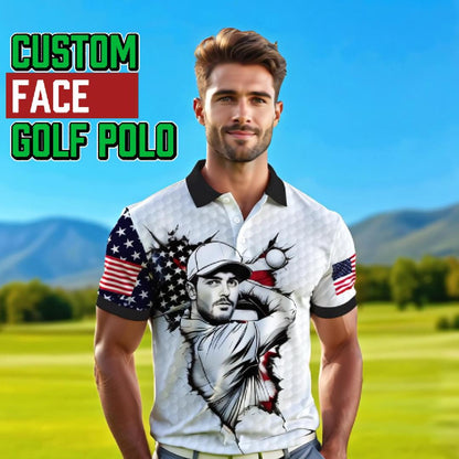 HomyGifts Men's Customized Face Artistic Golf Polo Shirt, Personalized American Flag Design, Unique Gift for Patriotic Golfers Style 30
