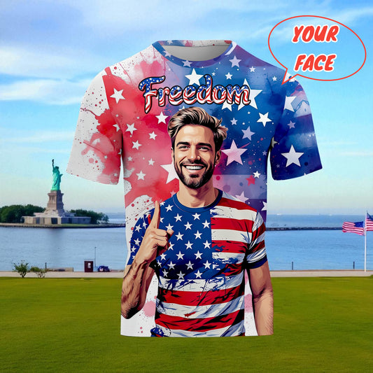 Men's Custom Face T-Shirt – American Flag Design | Personalized Patriotic Tee
