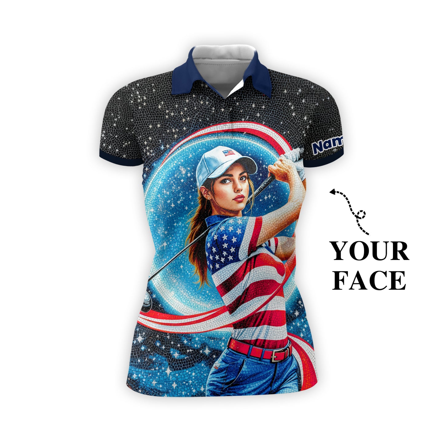 Women’s Custom Face Golf Polo – American Flag Mosaic Art – Personalized USA Patriotic Golf Shirt – Unique 4th of July Gift Style 2