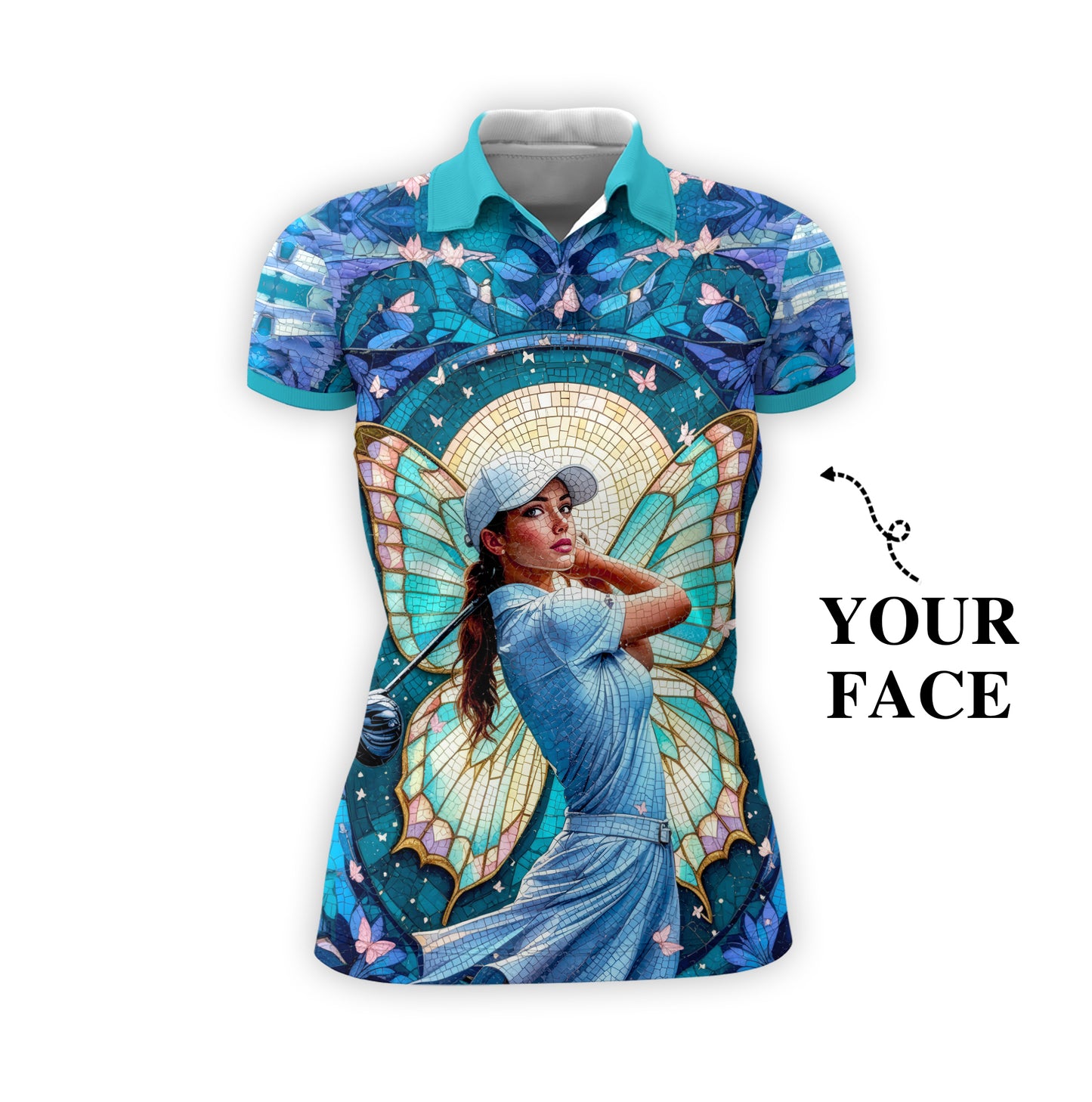 Custom Face Women’s Golf Polo Shirt – Spring Butterfly Mirage Art | Personalized Floral Fantasy Sports Shirt for Golfers Style 11