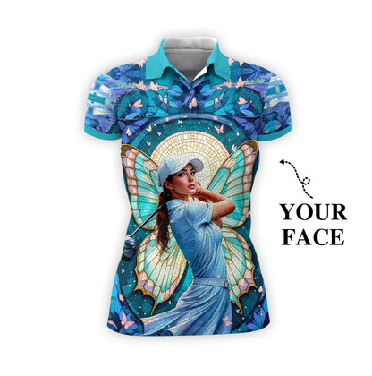 Custom Face Women’s Golf Polo Shirt – Spring Butterfly Mirage Art | Personalized Floral Fantasy Sports Shirt for Golfers Style 11