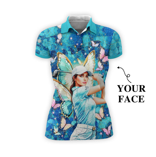 Custom Face Women’s Golf Polo Shirt – Spring Butterfly Mirage Art | Personalized Floral Fantasy Sports Shirt for Golfers Style 9