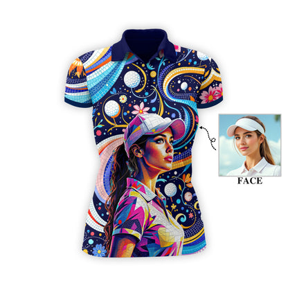 Custom Face Artistic Golf Polo Shirt for Women - Mosaic Design Style 14