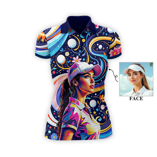 Custom Face Artistic Golf Polo Shirt for Women - Mosaic Design Style 14