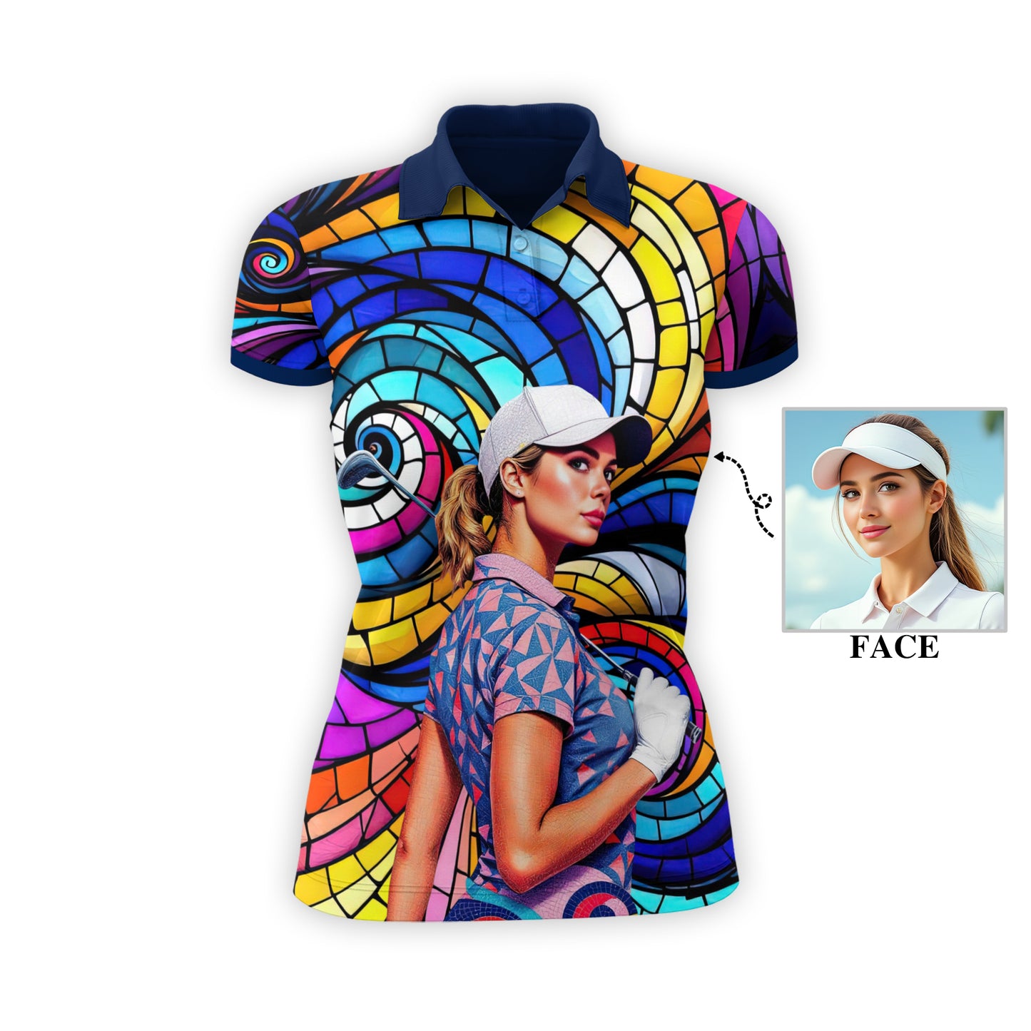 Custom Face Artistic Golf Polo Shirt for Women - Mosaic Design Style 29