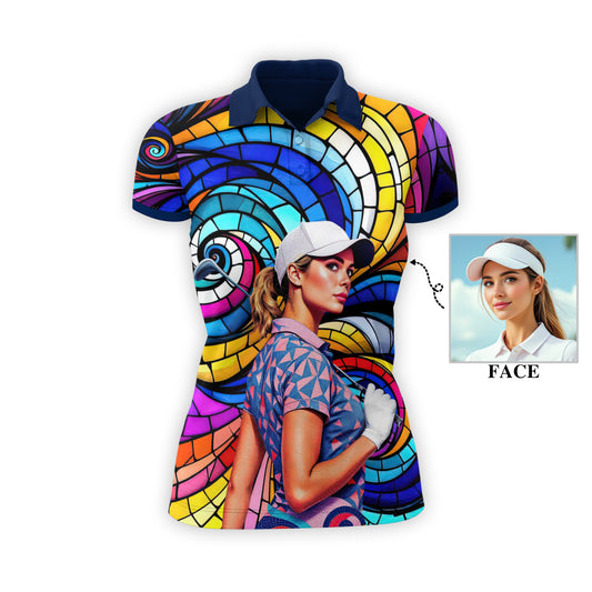 Custom Face Artistic Golf Polo Shirt for Women - Mosaic Design Style 29