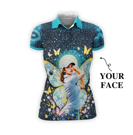 Custom Face Women’s Golf Polo Shirt – Spring Butterfly Mirage Art | Personalized Floral Fantasy Sports Shirt for Golfers Style 6