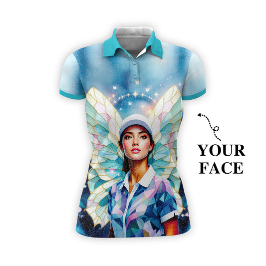 Custom Face Women’s Golf Polo Shirt – Spring Butterfly Mirage Art | Personalized Floral Fantasy Sports Shirt for Golfers Style 4