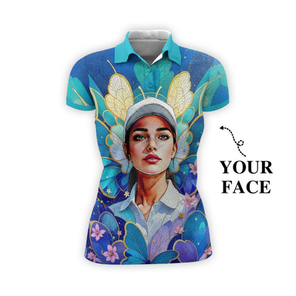 Custom Face Women’s Golf Polo Shirt – Spring Butterfly Mirage Art | Personalized Floral Fantasy Sports Shirt for Golfers Style 2