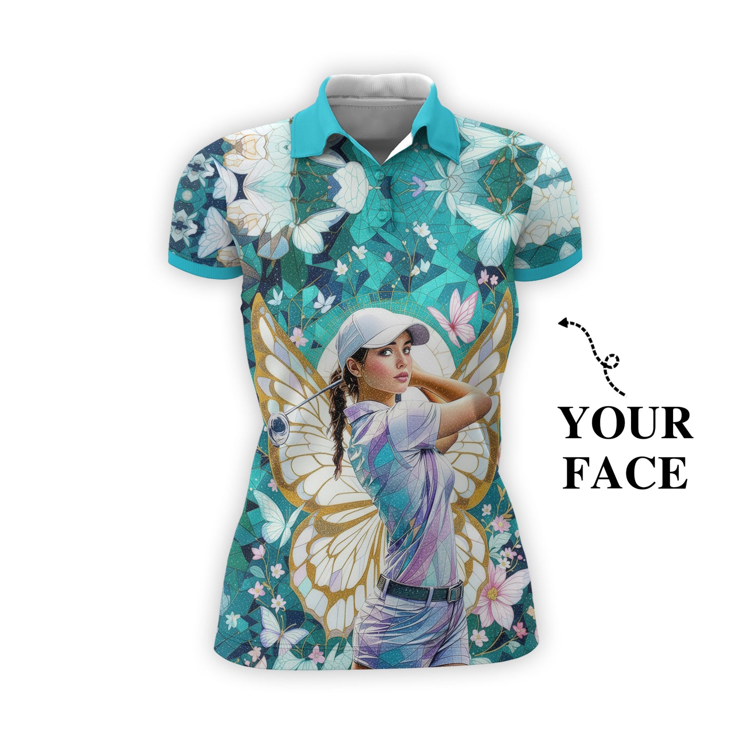 Custom Face Women’s Golf Polo Shirt – Spring Butterfly Mirage Art | Personalized Floral Fantasy Sports Shirt for Golfers Style 7