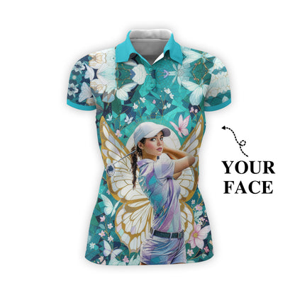 Custom Face Women’s Golf Polo Shirt – Spring Butterfly Mirage Art | Personalized Floral Fantasy Sports Shirt for Golfers Style 7