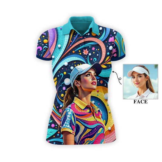 Custom Face Artistic Golf Polo Shirt for Women - Mosaic Design Style 15