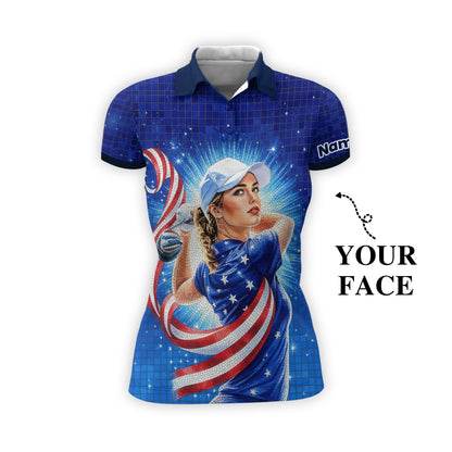 Women’s Custom Face Golf Polo – American Flag Mosaic Art – Personalized USA Patriotic Golf Shirt – Unique 4th of July Gift Style 1