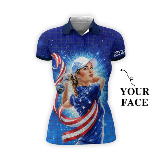 Women’s Custom Face Golf Polo – American Flag Mosaic Art – Personalized USA Patriotic Golf Shirt – Unique 4th of July Gift Style 1