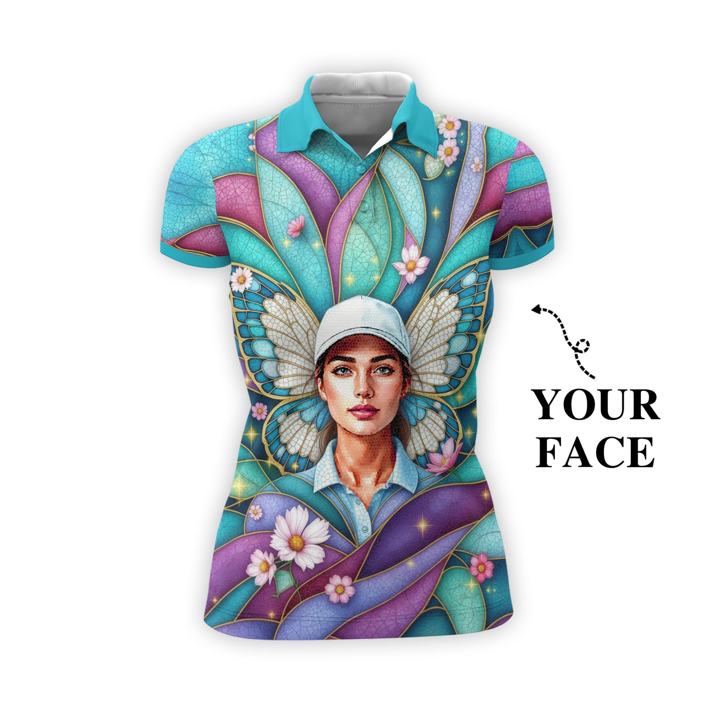 Custom Face Women’s Golf Polo Shirt – Spring Butterfly Mirage Art | Personalized Floral Fantasy Sports Shirt for Golfers Style 1