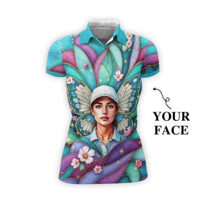 Custom Face Women’s Golf Polo Shirt – Spring Butterfly Mirage Art | Personalized Floral Fantasy Sports Shirt for Golfers Style 1