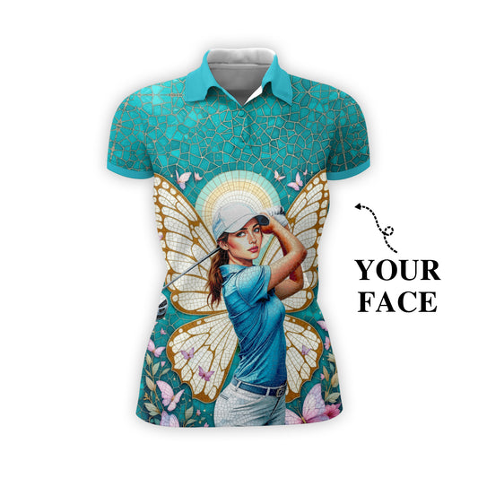 Custom Face Women’s Golf Polo Shirt – Spring Butterfly Mirage Art | Personalized Floral Fantasy Sports Shirt for Golfers Style 5