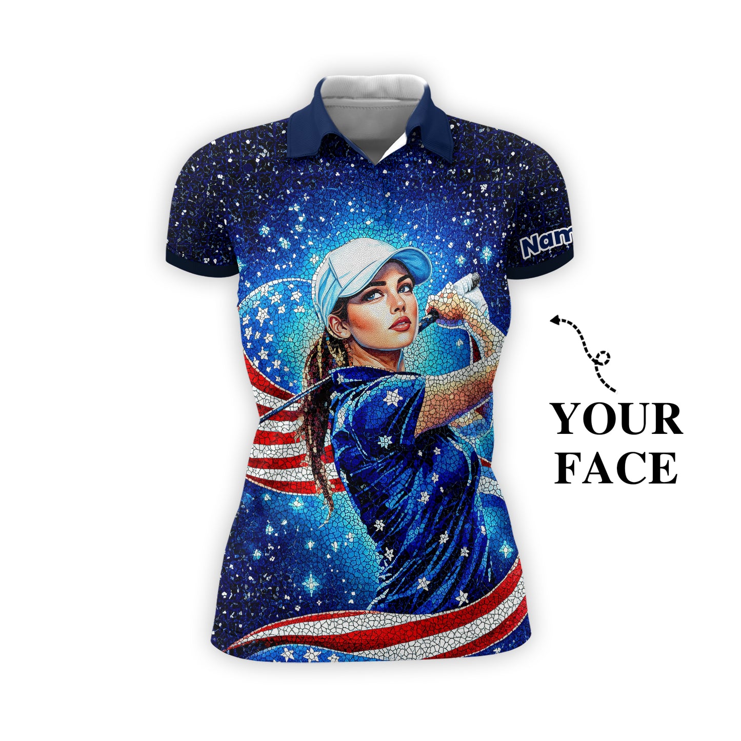 Women’s Custom Face Golf Polo – American Flag Mosaic Art – Personalized USA Patriotic Golf Shirt – Unique 4th of July Gift Style 3