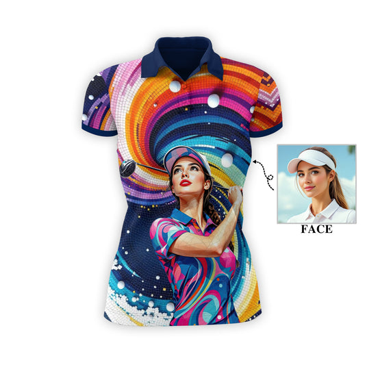Custom Face Artistic Golf Polo Shirt for Women - Mosaic Design Style 24
