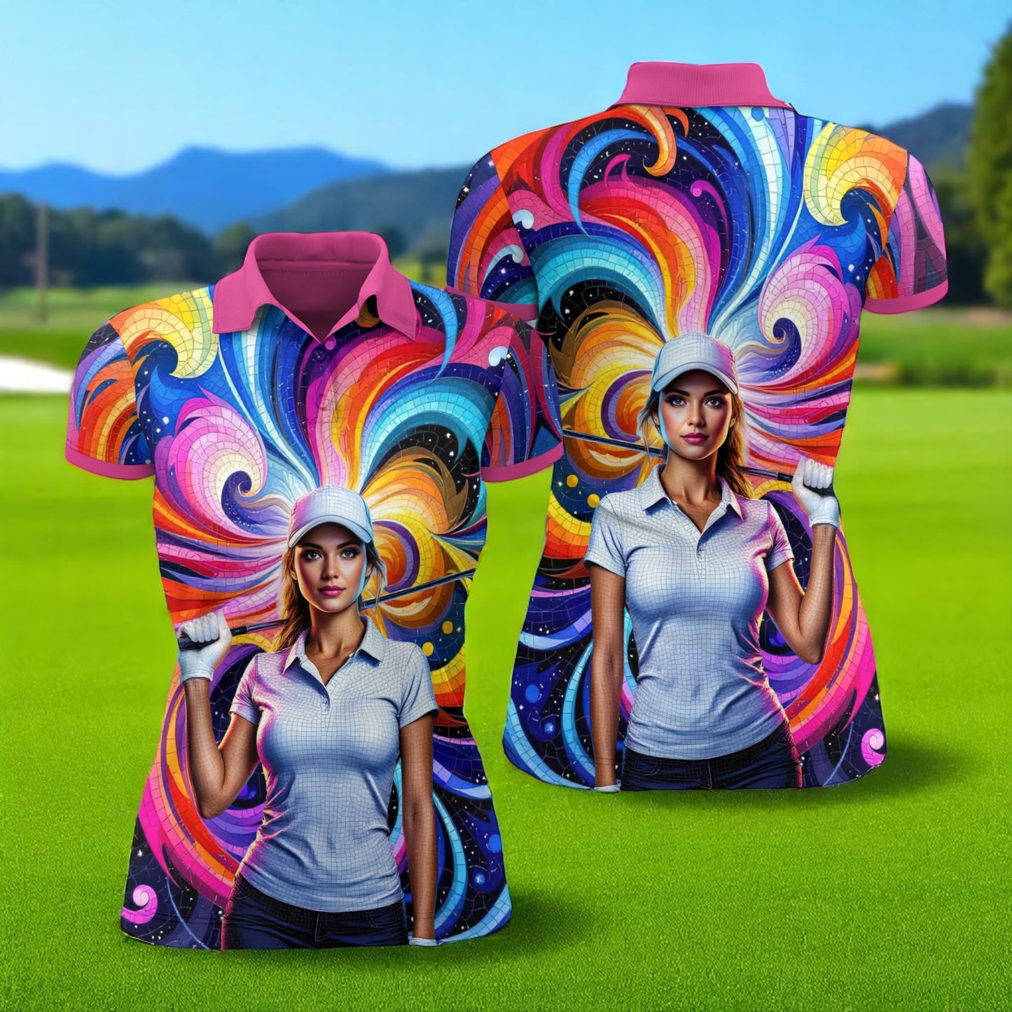 Custom Face Artistic Golf Polo Shirt for Women - Mosaic Design Style 3