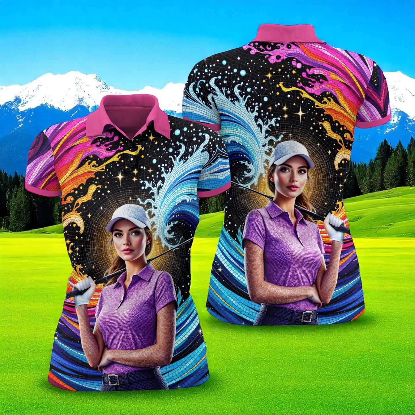 Custom Face Artistic Golf Polo Shirt for Women - Mosaic Design Style 6