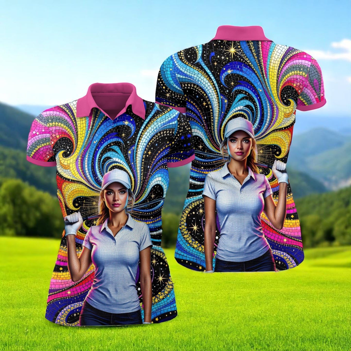 Custom Face Artistic Golf Polo Shirt for Women - Mosaic Design Style 8
