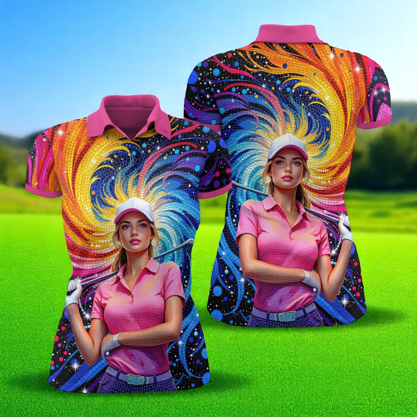 Custom Face Artistic Golf Polo Shirt for Women - Mosaic Design Style 5