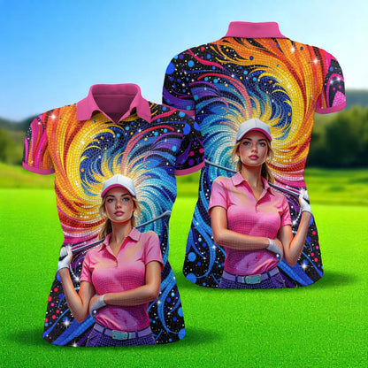 Custom Face Artistic Golf Polo Shirt for Women - Mosaic Design Style 5