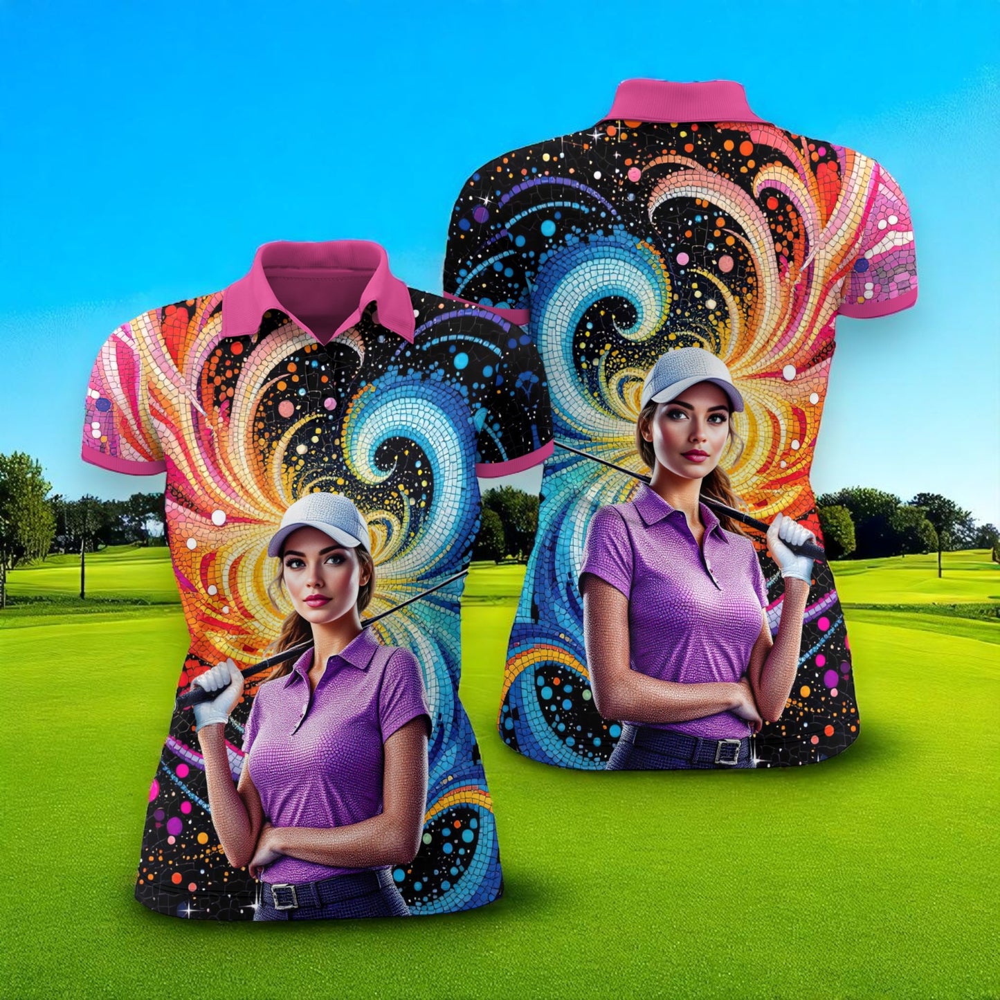 Custom Face Artistic Golf Polo Shirt for Women - Mosaic Design Style 4