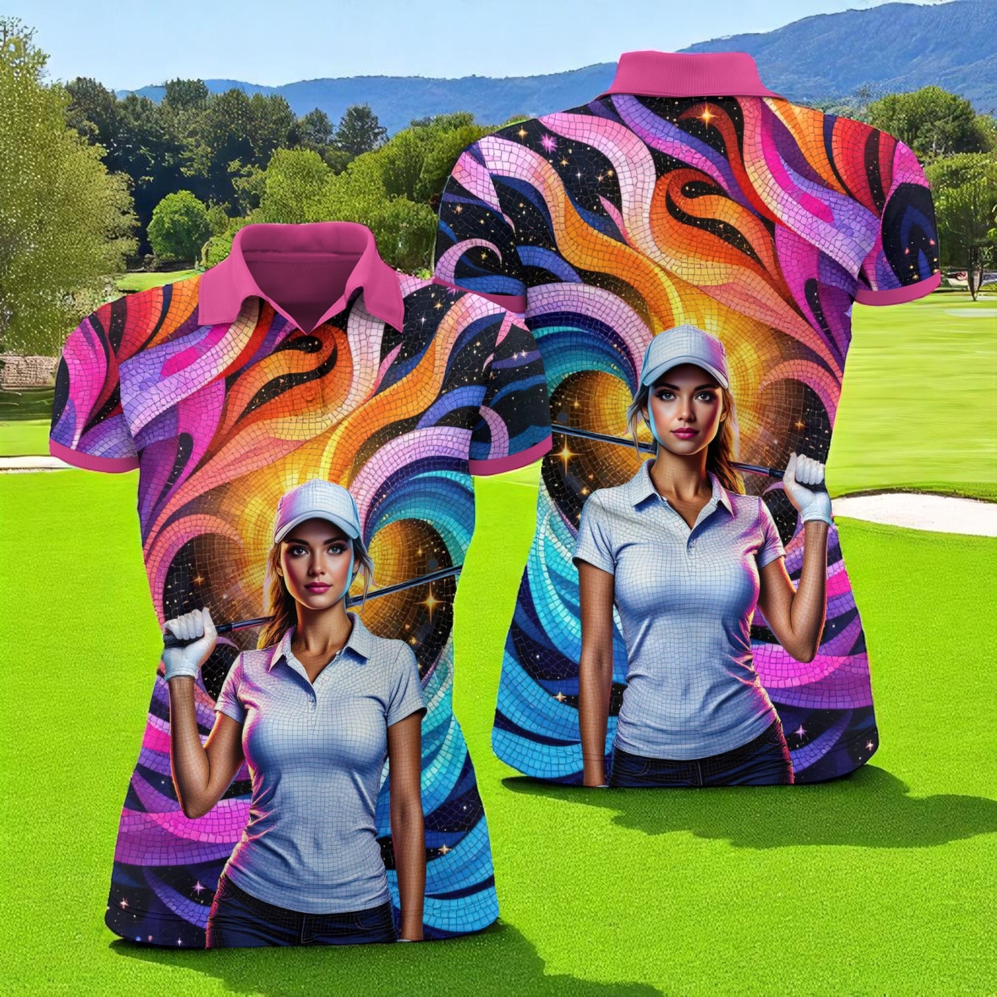 Custom Face Artistic Golf Polo Shirt for Women - Mosaic Design Style 2