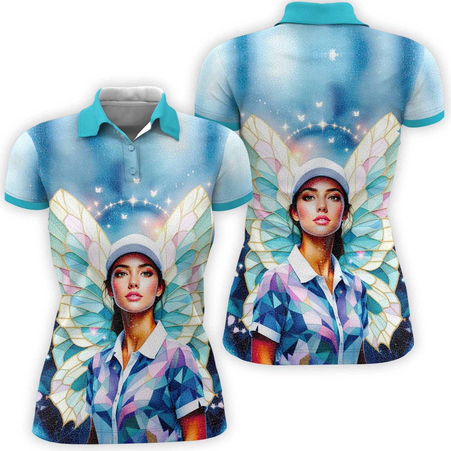 Custom Face Women’s Golf Polo Shirt – Spring Butterfly Mirage Art | Personalized Floral Fantasy Sports Shirt for Golfers Style 4