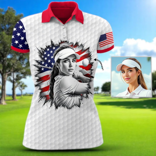 Custom Women’s Golf Polo Shirt – USA Flag Design with Personalized Face | Patriotic Sportswear for Female Golfers Style 6