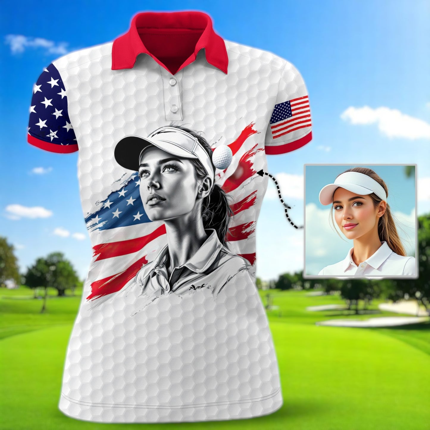 Custom Women’s Golf Polo Shirt – USA Flag Design with Personalized Face | Patriotic Sportswear for Female Golfers Style 5