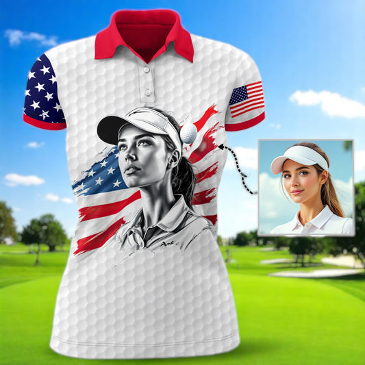 Custom Women’s Golf Polo Shirt – USA Flag Design with Personalized Face | Patriotic Sportswear for Female Golfers Style 5