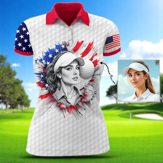 Custom Women’s Golf Polo Shirt – USA Flag Design with Personalized Face | Patriotic Sportswear for Female Golfers Style 1