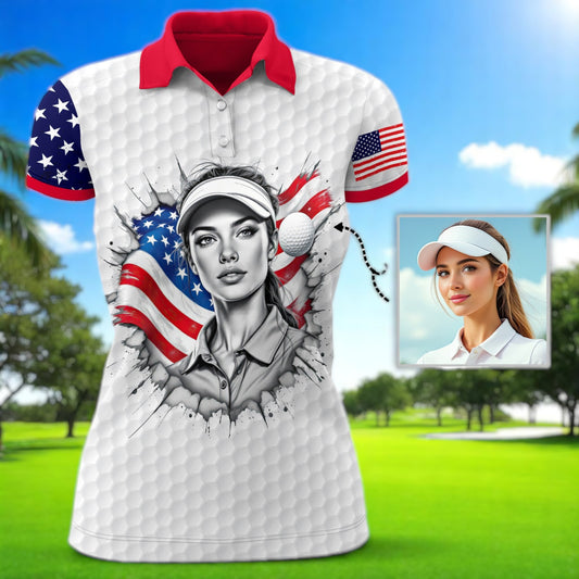 Custom Women’s Golf Polo Shirt – USA Flag Design with Personalized Face | Patriotic Sportswear for Female Golfers Style 2