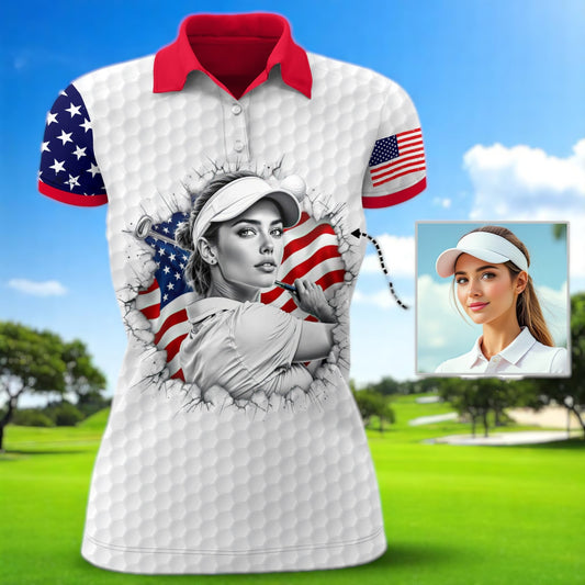 Custom Women’s Golf Polo Shirt – USA Flag Design with Personalized Face | Patriotic Sportswear for Female Golfers Style 3
