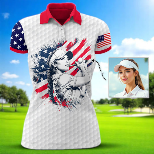 Custom Women’s Golf Polo Shirt – USA Flag Design with Personalized Face | Patriotic Sportswear for Female Golfers Style 4