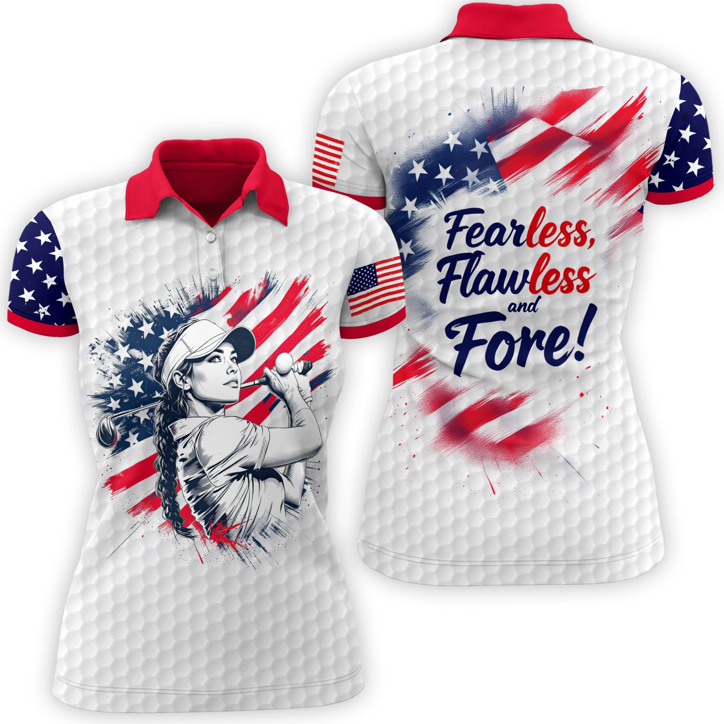 Custom Women’s Golf Polo Shirt – USA Flag Design with Personalized Face | Patriotic Sportswear for Female Golfers Style 4
