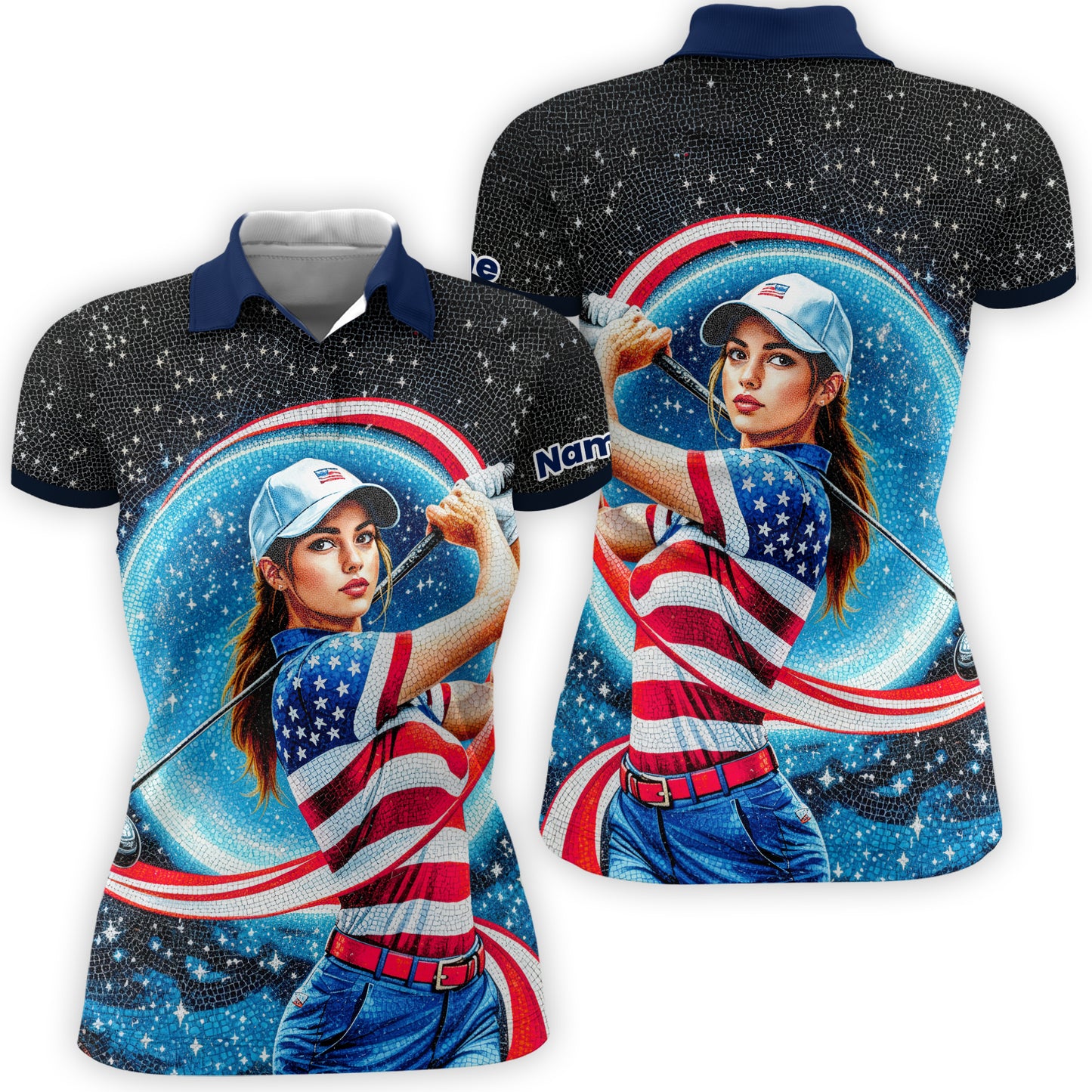 Women’s Custom Face Golf Polo – American Flag Mosaic Art – Personalized USA Patriotic Golf Shirt – Unique 4th of July Gift Style 2