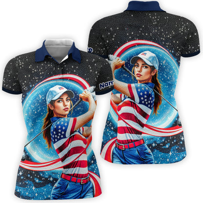 Women’s Custom Face Golf Polo – American Flag Mosaic Art – Personalized USA Patriotic Golf Shirt – Unique 4th of July Gift Style 2