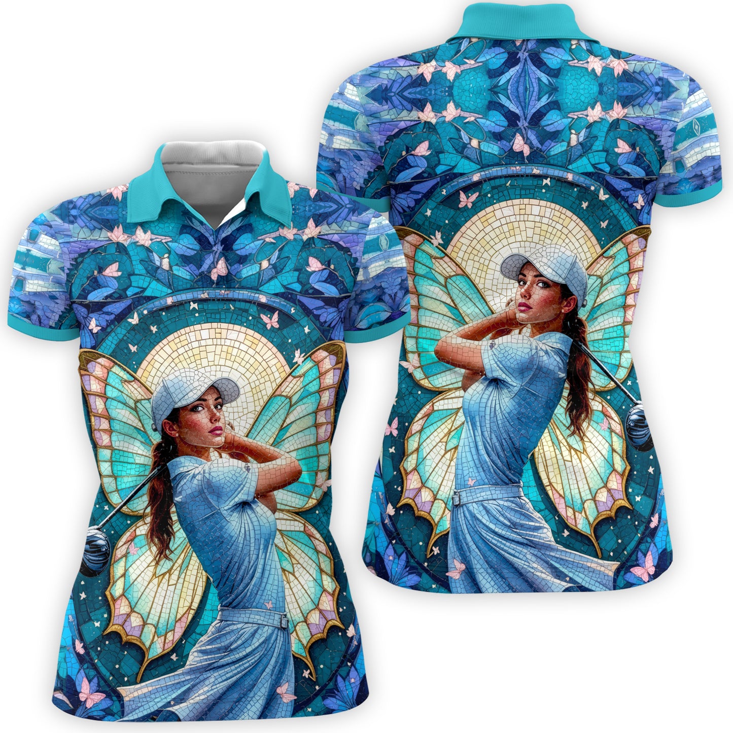 Custom Face Women’s Golf Polo Shirt – Spring Butterfly Mirage Art | Personalized Floral Fantasy Sports Shirt for Golfers Style 11