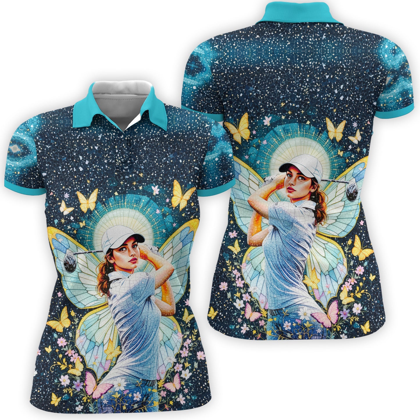 Custom Face Women’s Golf Polo Shirt – Spring Butterfly Mirage Art | Personalized Floral Fantasy Sports Shirt for Golfers Style 6
