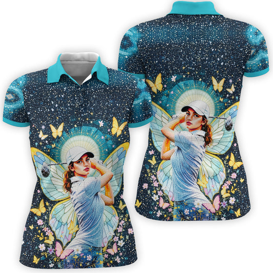 Custom Face Women’s Golf Polo Shirt – Spring Butterfly Mirage Art | Personalized Floral Fantasy Sports Shirt for Golfers Style 6