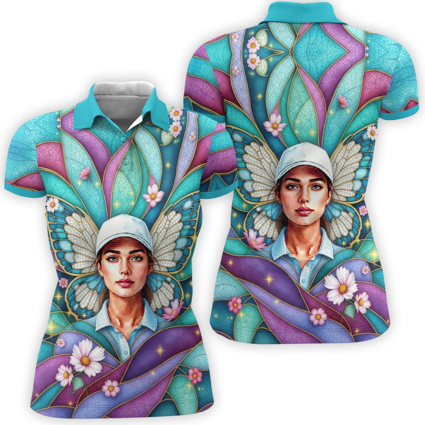 Custom Face Women’s Golf Polo Shirt – Spring Butterfly Mirage Art | Personalized Floral Fantasy Sports Shirt for Golfers Style 1