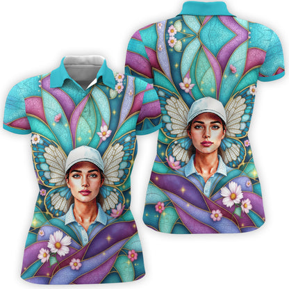 Custom Face Women’s Golf Polo Shirt – Spring Butterfly Mirage Art | Personalized Floral Fantasy Sports Shirt for Golfers Style 1