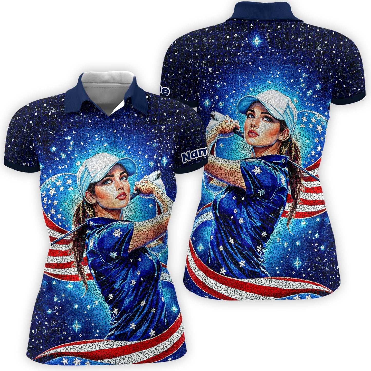 Women’s Custom Face Golf Polo – American Flag Mosaic Art – Personalized USA Patriotic Golf Shirt – Unique 4th of July Gift Style 3