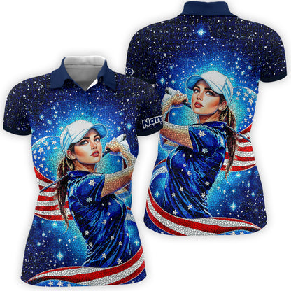 Women’s Custom Face Golf Polo – American Flag Mosaic Art – Personalized USA Patriotic Golf Shirt – Unique 4th of July Gift Style 3