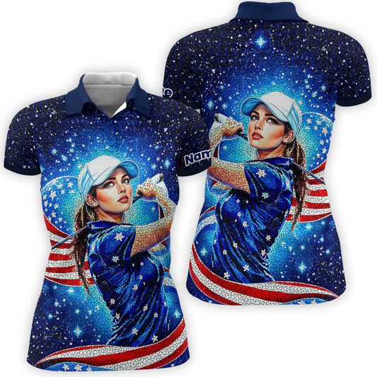 Women’s Custom Face Golf Polo – American Flag Mosaic Art – Personalized USA Patriotic Golf Shirt – Unique 4th of July Gift Style 3